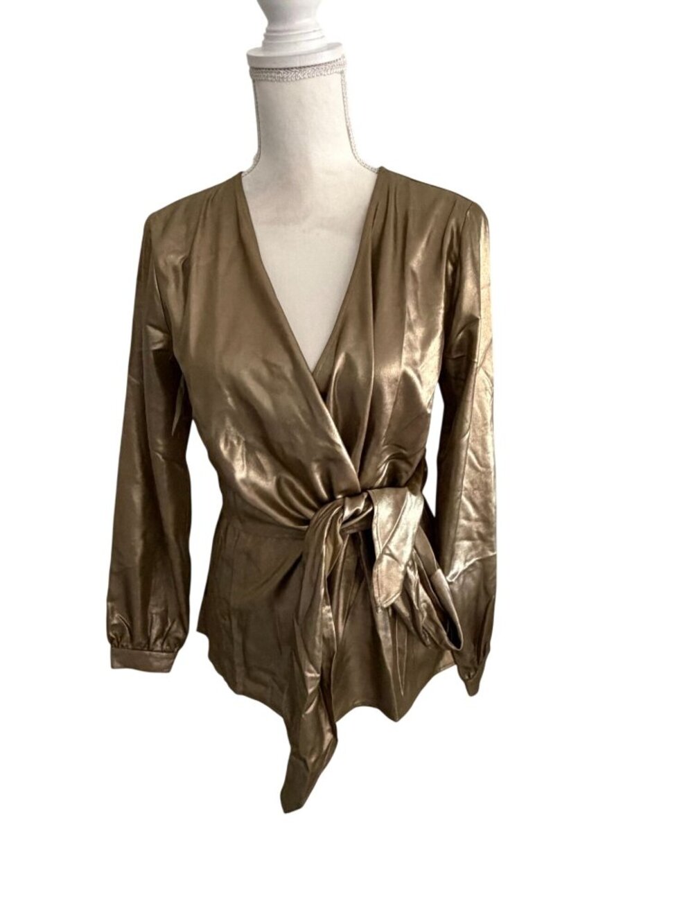 ANN TAYLOR Bronze Gold Long Sleeve Wrap Top Size 4 NEW NWT - Picture 4 of 7